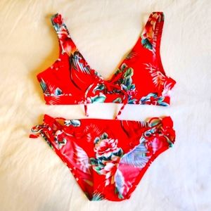 Kona Sol Red Floral Bikini Mid Rise Size M